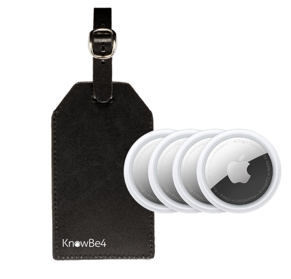 Black KnowBe4-branded luggage tag and four Apple air tags